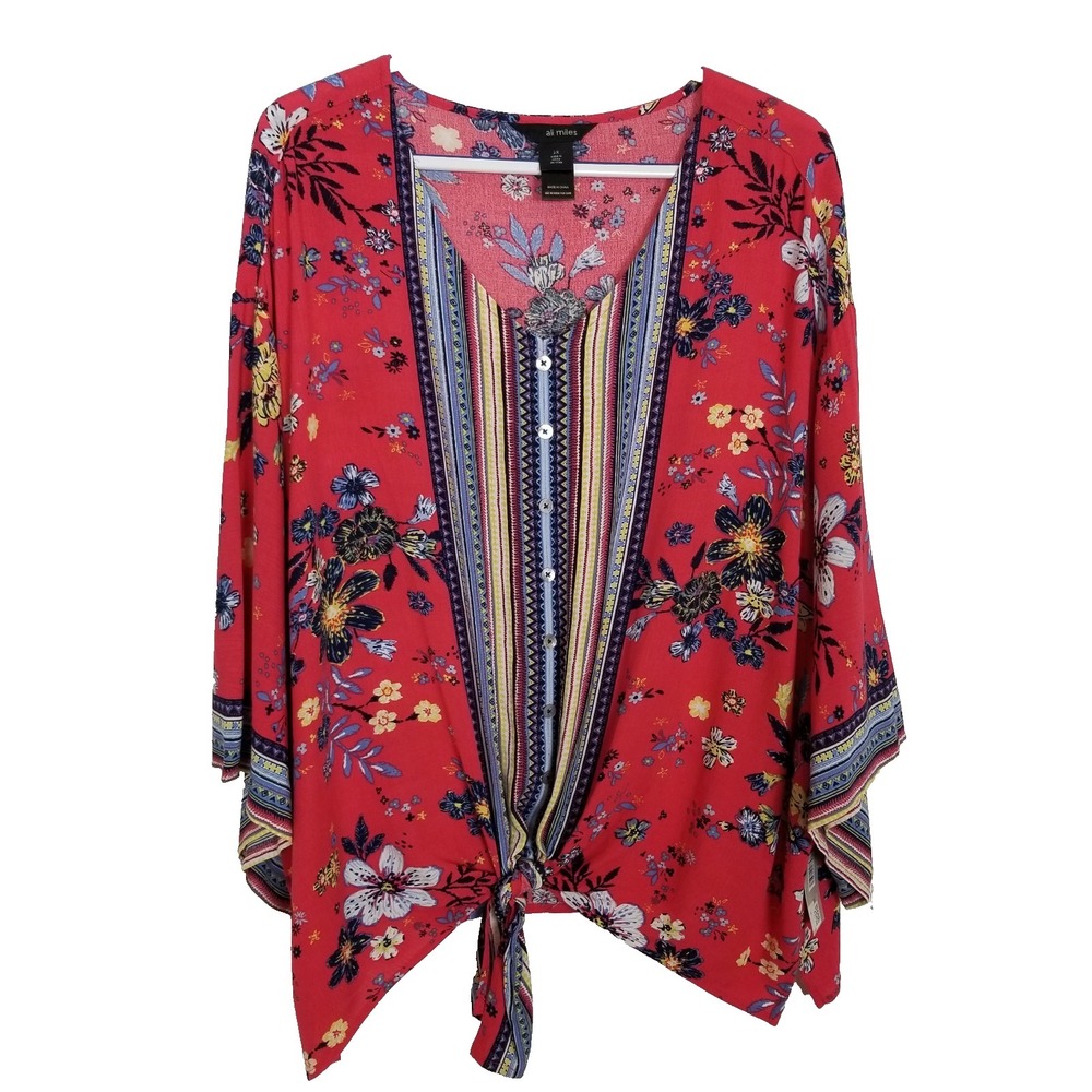 Ali Miles Women‎  Pop-over Tie-front Tunic Blouse Sz 2X Red Floral Boho Summer